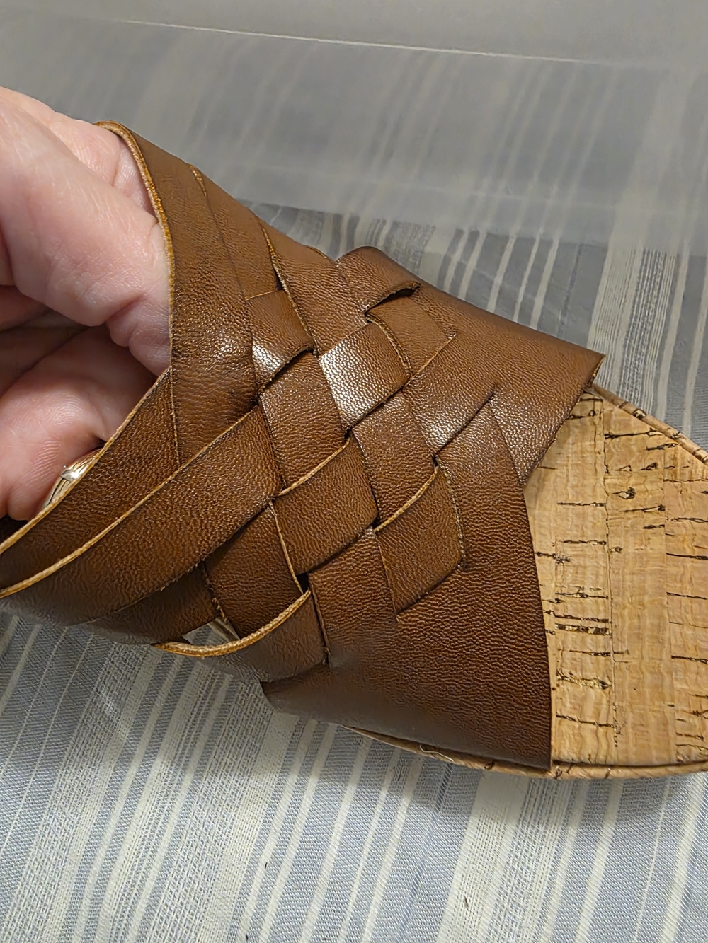 Women's Brown Woven Leather Cork Wedge Sandals